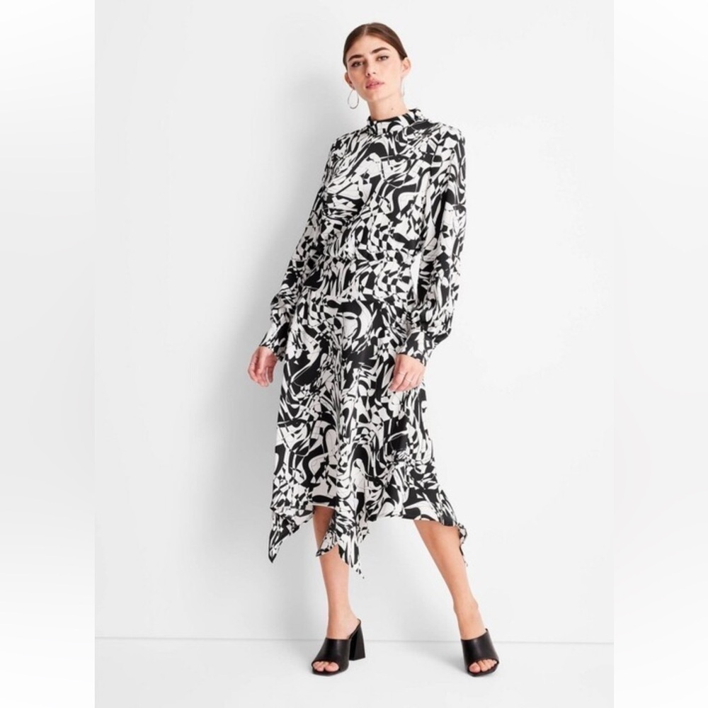 Women’s black/white satin, patterned, asymmetrical mock neck dress